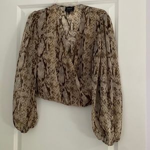 Bardot brown and tan snakeskin v neck puff sleeve blouse